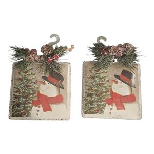 2 White Rustic Metal Square Christmas Ornaments Snowman Christmas Tree 4.5”